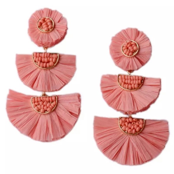 Jewelry - Coral Raffia Tassel Fringe Beaded Earrings